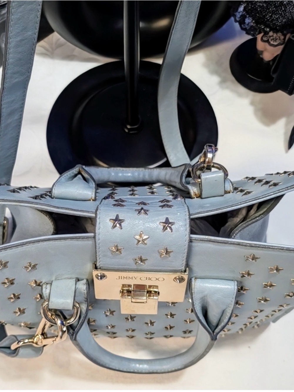 Jimmy Choo Powder Blue Star-Studded Leather Satchel with Gold Hardware - Picture 3 of 4